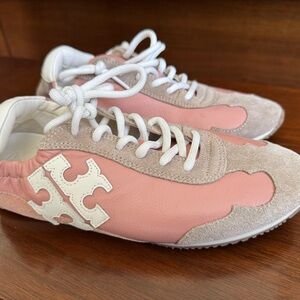 Tory Burch Pink and Tan Lace-Up Sneakers